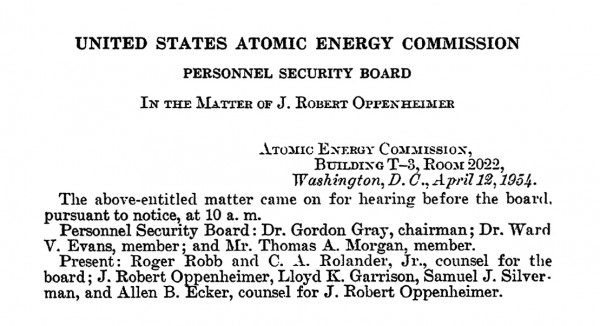 First page of the Government Printing Office edition of the Oppenheimer security hearing transcript, which was published soon after the final decision had been made.