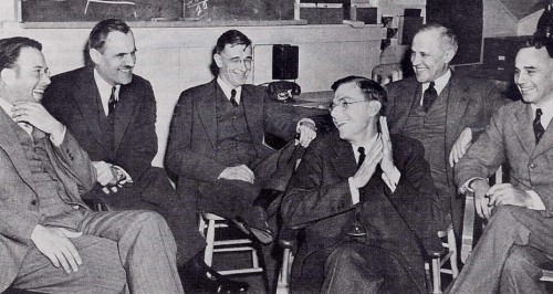 James B. Conant (fourth from left) at a meeting with Uranium Committee principles, March 1940. Left to right: Ernest O. Lawrence, Arthur C. Compton, Vannevar Bush, Conant, Karl Compton, Alfred L. Loomis.