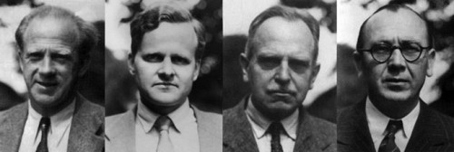 Farm Hall mugshots: Werner Heisenberg, Carl Friederich von Weiszäcker, Otto Hahn, and Kurt Diebner.