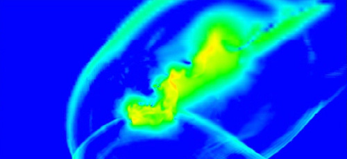 Still from a Sandia supercomputer simulation from 2007 of the 1908 Tunguska event, showing the blast wave formation as the meteor detonates above the ground. Intense! But not a nuke. Source.