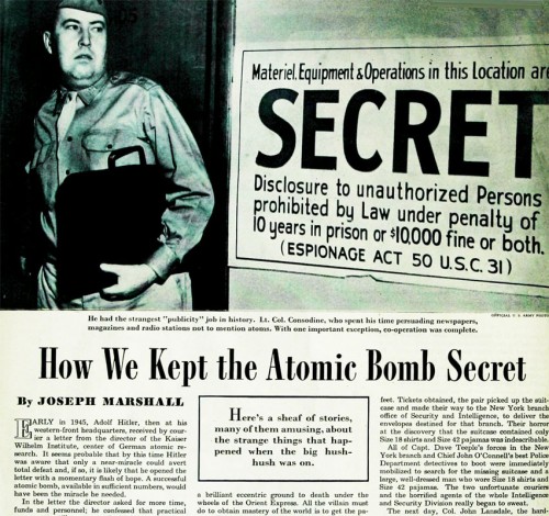 One of many early articles in the genre of Manhattan Project secrecy: "How We Kept the Atomic Bomb Secret," from the Saturday Evening Post, November 1945. 