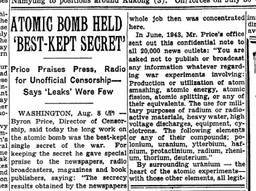 The original "best-kept secret" story, released on August 9, 1945 (the day of the Nagasaki bombing).