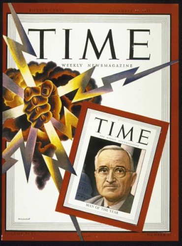 One of the more post-modern Time magazine covers — where the atomic bomb unseats Truman as Man of the Year.