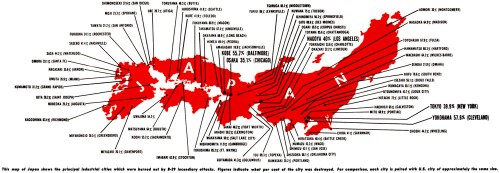 A map created by the US Army Air Forces in the immediate postwar showing their strategic bombing handiwork. Includes percentages of cities destroyed, as well as similar-sized American analogs. Cleaned up by me from this copy.