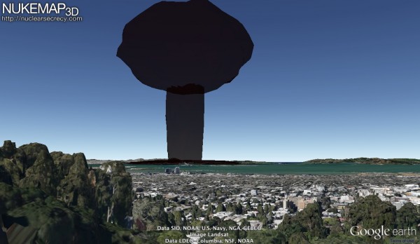 The mushroom cloud from a 20 kiloton explosion, centered on downtown San Francisco, as viewed from my old house in the Berkeley Hills. Estimated fatalities: 75,200.