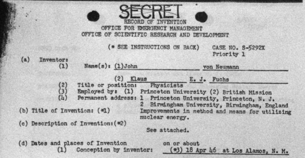 Record of invention for the Fuchs-von Neumann design, "Improvements in Method and Means for Utilizing Nuclear Energy."