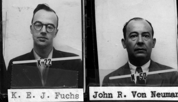 The Los Alamos identification badges for Klaus Fuchs and John von Neumann. Courtesy of Los Alamos National Laboratory.