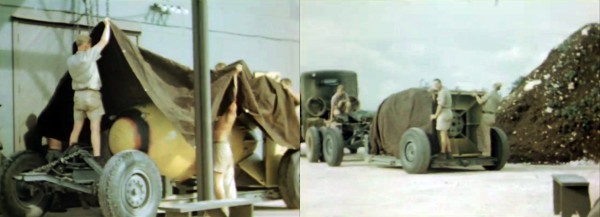 The bomb prepared, it was then sheathed in canvas and towed out to the loading bay. I find the shot on the right particularly ominous — the second bomb, still a secret, its size and probable importance not quite masked by its shroud.