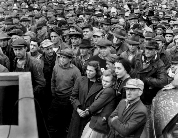 A 1944 "Stay on the job" rally at J.A. Jones Construction Co. in Oak Ridge. The workers seem a little unimpressed. Source.