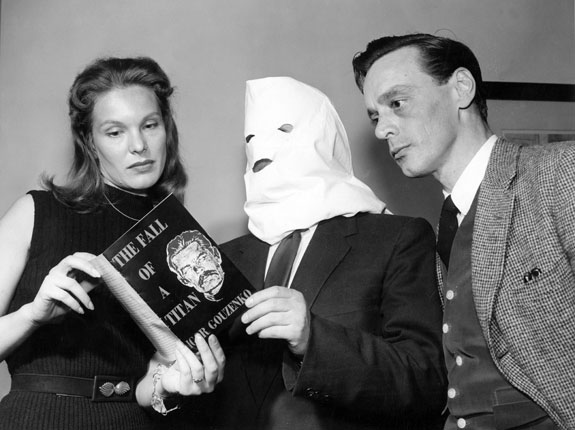 Igor Gouzenko (masked) promoting a novel in 1954. The mask was to help him maintain his anonymity, but you have to admit it adds a wonderfully surreal and theatrical aspect to the whole thing.