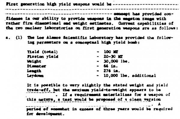One of the most interesting documents I found in an online database — an estimate for the ease of developing a 100 megaton weapon in a letter from Glenn Seaborg to Robert McNamara. Knowing the estimated yield and weight of the bombs in question allows one to divine a lot of information about their comparative sophistication.
