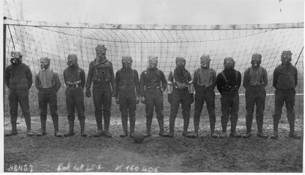 British football/soccer team in gas masks, 1916.