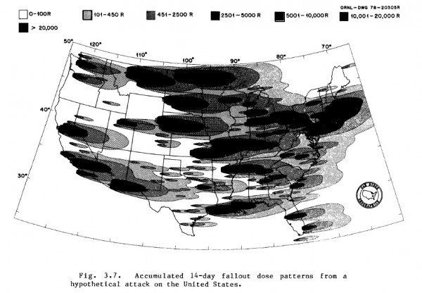 Oak Ridge National Laboratory estimate of "accumulated 14-day fallout dose patterns from a hypothetical attack on the United States," 1986. I would note that these are very high exposures and I'm a little skeptical of them, but in any case, it represents the kind of messages that were being given on this issue. Source.