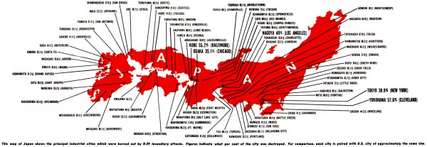 Japanese cities destroyed by strategic bombing in World War II. More information about this map here.
