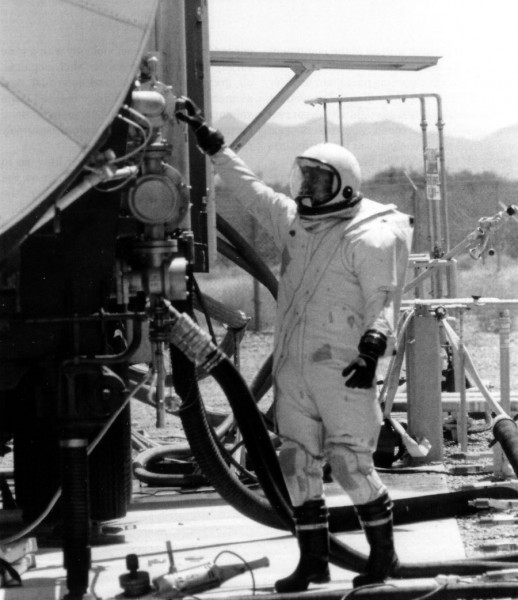 How do you service a Titan II? Very carefully. This is a RFHCO suit, required for being around the toxic fuel and oxidizer. Not the most comfortable of outfits. From Penson's Titan II Handbook.