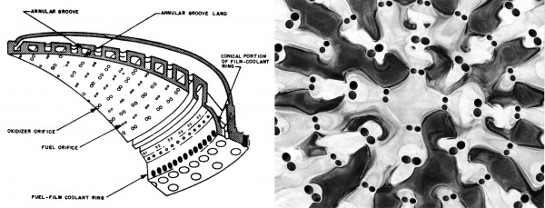 The injector plate of a Titan II. I thought the somewhat abstract pattern of holes and corrosion on the recovered plate made for a beautiful image. The diagram at left shows you what you are looking at — this is where fuel and oxidizer would come together, propelling the missile.