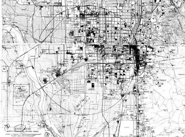 Target map of Kyoto, June 1945, with atomic bomb aiming point indicated. This image is a composite of eight separate microfilm images from two maps (Kyoto North and Kyoto South) that I stitched together in Photoshop. 