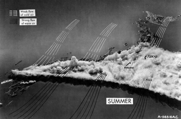 Summer weather patterns in Japan, map made in early 1945. Not great for bombing. Source: Produced for the USAAF's IMPACT magazine, high-res version via Fold3.com.