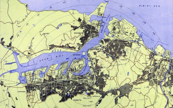 Yahata/Yawata target map, March 1945. Kokura arsenal is visible to the east. Source: JapanAirRaids.org. Click here for the uncropped, unadjusted version.