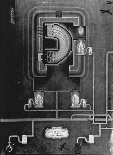 "Dante's Inferno: A Pocket Mural" by Louis C. Anderson, a rather wonderful and odd drawing of the Calutron process. From Manhattan District History, Book 5, "Electromagnetic Project," Volume 6.