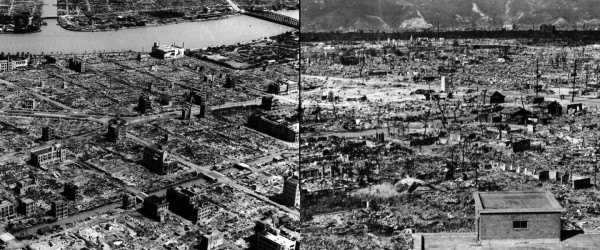 The ruins of 1945: Tokyo, left, and Hiroshima, right.
