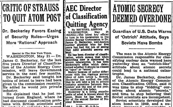 Headlines from 1954 regarding Beckerley and his split with the Atomic Energy Commission — and his turn as a secrecy critic.