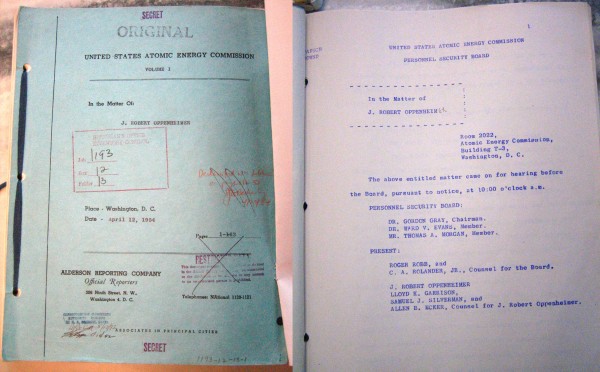 The cover and first page of the original Oppenheimer hearing transcript. In the left photo, I am holding back a "Top Secret/Restricted Data" cover sheet. I have cropped out my declassification slug. The color photos of the transcripts are from a 2011 follow-up trip to NARA I made; the original photos I took in 2009 were grayscale (as is my usual archival practice), which is why I am illustrating this post with the 2011 photographs. 