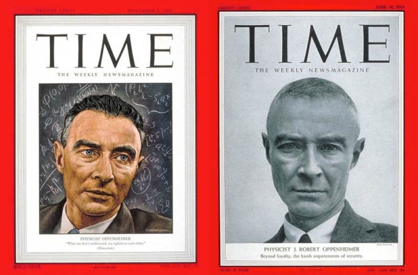 Oppenheimer's two TIME magazine covers: as ascendent atomic expert (1948), and casualty of the security state (1954).