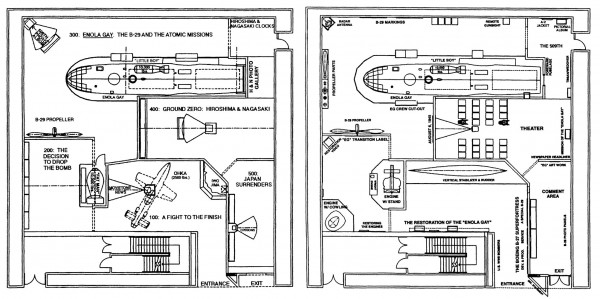 At left, the floorplan of the planned Enola Gay exhibition; at right, the actual exhibition that aired: the retreat of the political into the refuge of the technical. From Richard H. Krohn, "History and the Culture Wars: The Case of the Smithsonian Institute's Enola Gay Exhibition," Journal of American History 82, no. 3 (1995), 1036-1063.