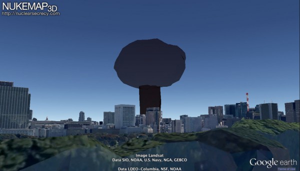 The maximum size of a 20 kiloton mushroom cloud in Tokyo Bay, as viewed from the roof of the Imperial Palace today, as visualized by NUKEMAP3D. Firebombed Tokyo of 1945 would have afforded a less skyscraper-cluttered view, obviously.