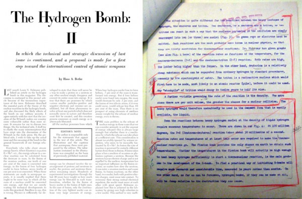 At left, the redacted Bethe article as published in Scientific American, April 1950. At right, the original draft, redacted by the Atomic Energy Commission (photograph taken by me at the National Archives, College Park).