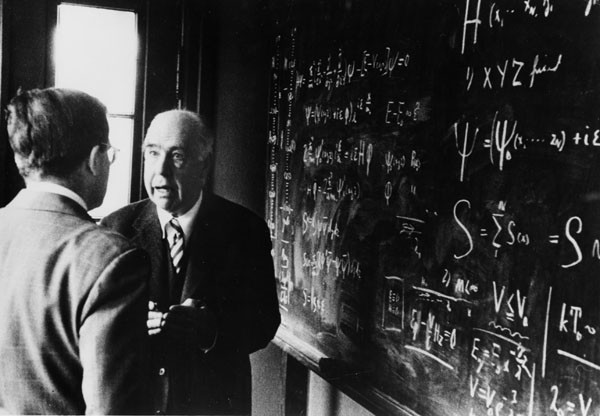 Niels Bohr (r) conversing animatedly with his son Aage in front of a board full of equations. Source: Emilio Segrè Visual Archives, Niels Bohr Library, American Institute of Physics.