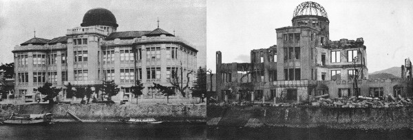 The "Atomic Bomb Dome," before and after the bombing of Hiroshima. I find this particular picture very striking, because without the "before," the extent of the "after" is hard to make sense of. More of these on-the-ground before-and-after photos here, along with the source.