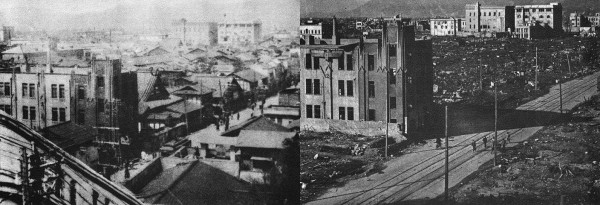 I find this one to be one of the most haunting — by filling in the missing structures, it contextualizes all of the "standard" Hiroshima photos of the rubble-filled wasteland. "Rear view of Geibi and Sumitomo Buildings before and after bombing. Taken from Fukuya Department Store (700 meters [from Ground Zero]) looking toward center. Complete destruction of wooden buildings by blast and fire. Concrete structures stand." In other places in the text, they usually point out that where you see a concrete structure like this, it has withstood the blast but was gutted by the fire.