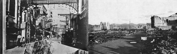 "Komiya street (750 meters [from Ground Zero] before and after bombing. The archlike heavy lamp posts have fallen. One lies at the left of the lower photograph."