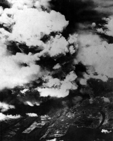Unusual photograph of the late cloud of Hiroshima, as seen from the air. This was probably taken by aircraft that arrived several hours after the bombing to do damage reconnaissance; they reported the target was obscured by huge amounts of smoke. Source: National Archives and Records Administration, via Fold3.com.