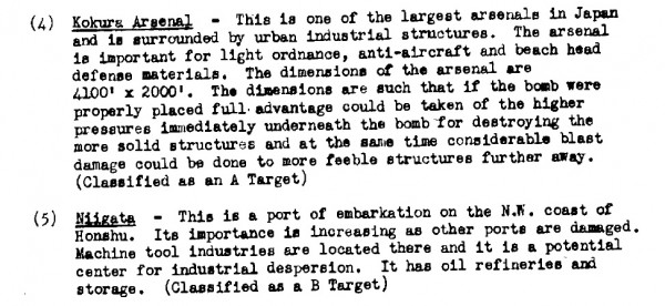 The relative merits of Kokura and Niigata in the notes of the second meeting of the Target Committee, May 1945. Kokura was an exciting target. Niigata, not so much.