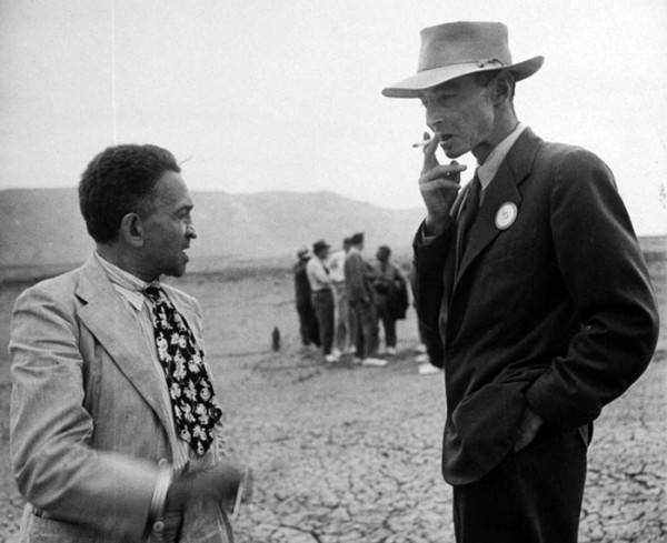 William Laurence (left) and J. Robert Oppenheimer at the Trinity Site in September 1945, as part of a 