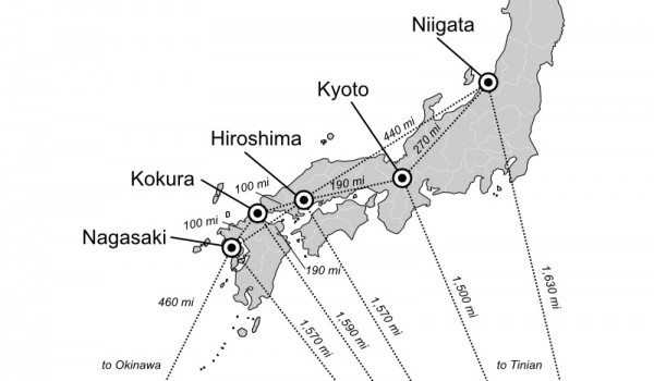 The five atomic targets of 1945, with distances between each other and relevant bases indicated. 