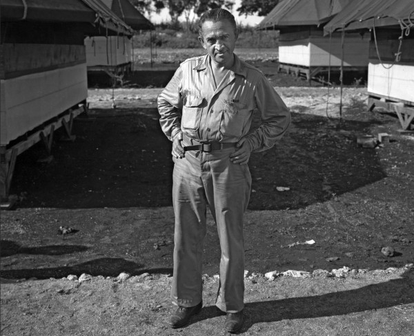 William Laurence on the island of Tinian, in the Pacific Ocean, reporting on the bombing of Nagasaki. Source: Los Alamos National Laboratory, image TR-624.
