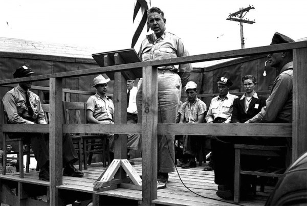General Leslie Groves speaking to workers at Hanford in 1944. Source: Emilio Segrè Visual Archives.