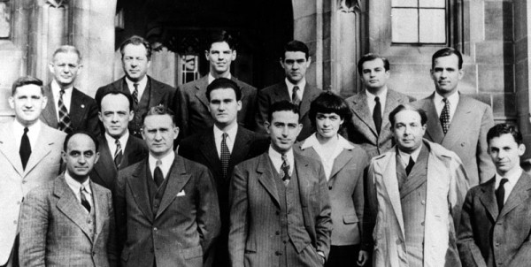 Alumni of the creation of the first nuclear reactor, CP-1, at the University of Chicago's Metallurgical Laboratory. Leona Woods Marshall is conspicuously outside the norm, but there nonetheless. Source: Emilio Segrè Visual Archive.