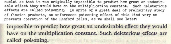 Now you see it, now you don't... comparing the sections on "pile poisoning" in the original lithograph edition of the Smyth Report (top) and the later version published by Princeton University Press (bottom) reveals the omission of a crucial sentence that indicates that this problem was not merely a theoretical one.