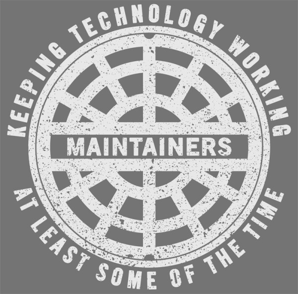 The "logo" of the Maintainers conference, which graces its T-shirts (!) and promotional material. I modeled the manhole design off of an actual manhole cover here in Hoboken (photograph taken by me).