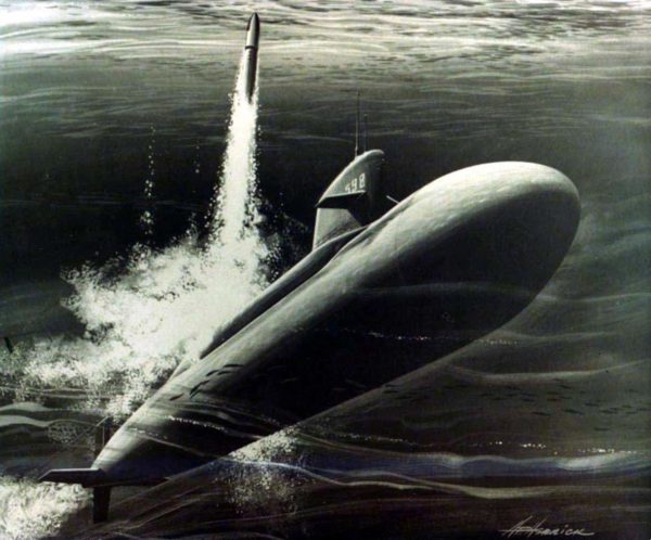 Artist's conception of a Polaris missile launch. Source.
