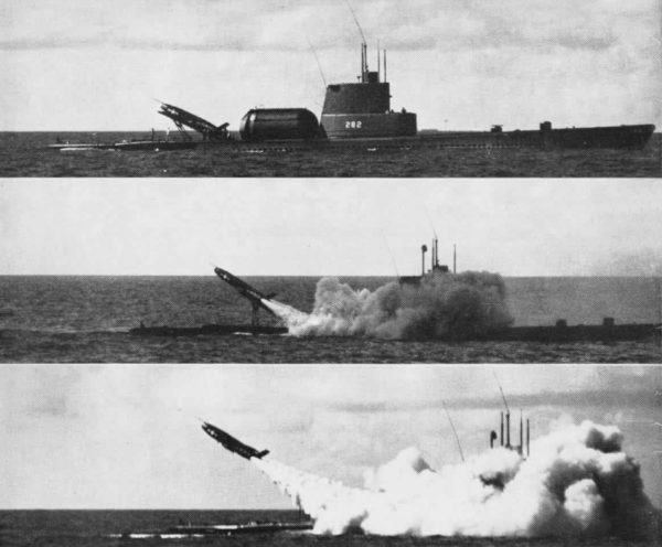 The USS Tunny launches a cruise missile (Regulus) circa 1956. Source.