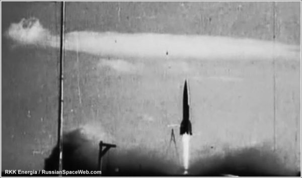 Soviet testing of an R-1 (V-2 derivative) rocket at Kapustin Yar. Soviet rocket tests were detected by American radars — and spurred US interest in rockets. Source.