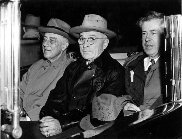 Roosevelt, Truman, and FDR's previous VP, Henry Wallace. Truman is the only one here who doesn't know about the bomb program. Image source: Truman Library via Wikimedia Commons