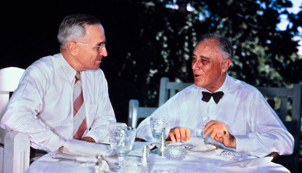 A little history trick I always tell my students: if you see Truman and FDR in the same photograph, that means Truman doesn't know about the atomic bomb. Photo source: History.com