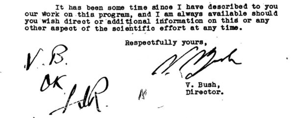 What approval of a nuclear weapons program looked like under Roosevelt: "VB OK FDR." Report by Vannevar Bush of June 16, 1942, asking to expand the fission work into an all-out effort. 
